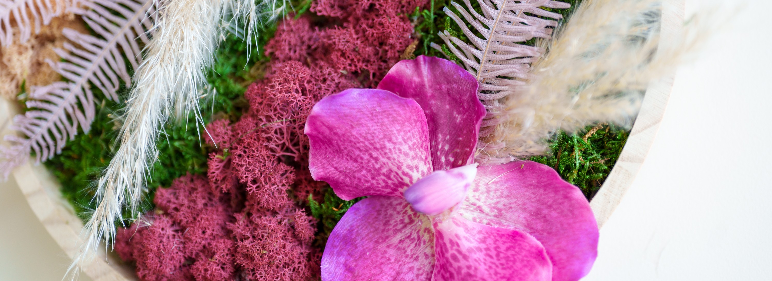 Zoom sur un tableau végétal stabilisé rose et blanc